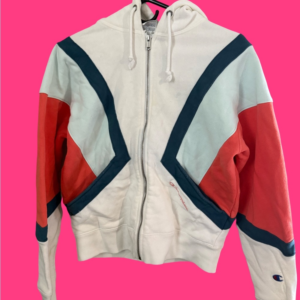 Champion Bold Red and White Bomber Jacket with Dynamic Design
